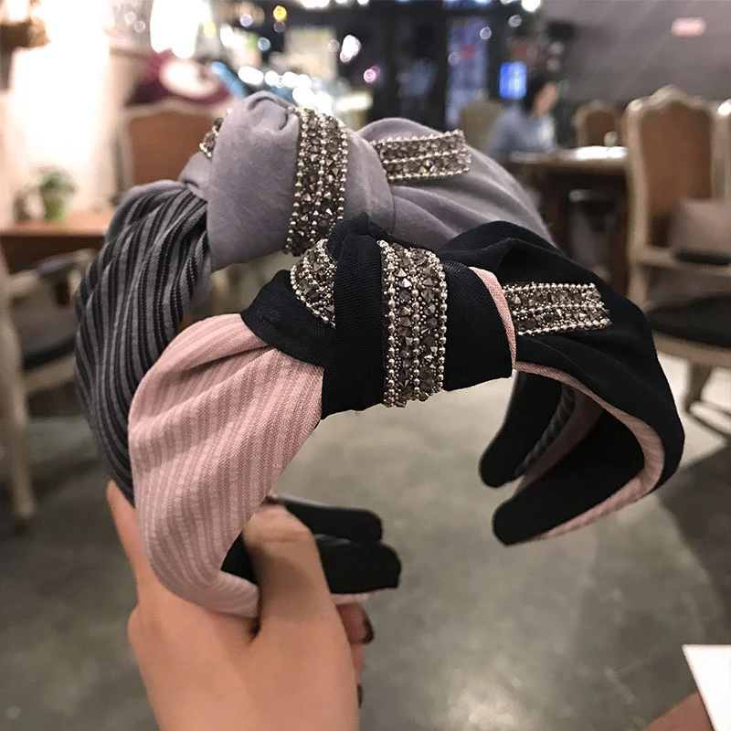 Женская Блестящая лента для волос однотонная широкая с кристаллами аксессуар в