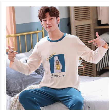 men pajama set Осенне-зимние мужские пижамы с длинными рукавами, хлопковые Пижамные комплекты в полоску с надписями и героями мультфильмов, повседневные мужские пижамы для отдыха и сна, L-XXXL Пижама - Цвет: men pajama set