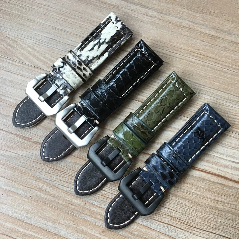 

Fashion Handmade 22mm 24mm Green White Black Blue Snake Skin Leather Watchband For PAM Zenith Amry Military Watch Strap Bracelet