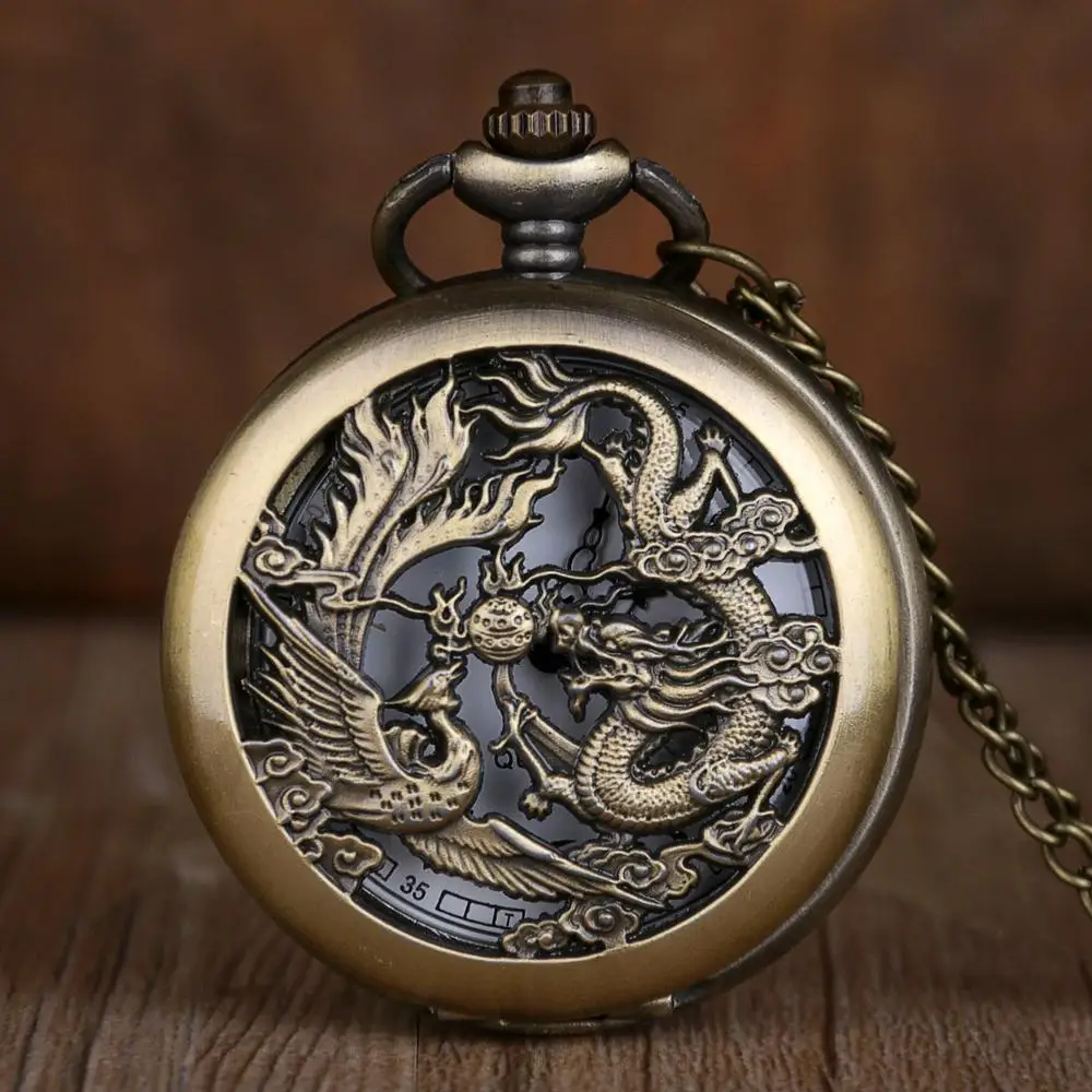 

Vintage Ancient China Style Dragon Phoenix Design Pocket Watch Quartz Watches Necklace Chain Women Men Gift Relogio De Bolso