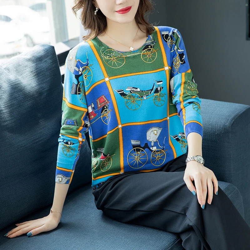 Loose Sweater Knitwear Pullovers Women Long Sleeve Autumn Winter Carriage Printed Fashion Comfortable Knitted Sweaters | Женская одежда