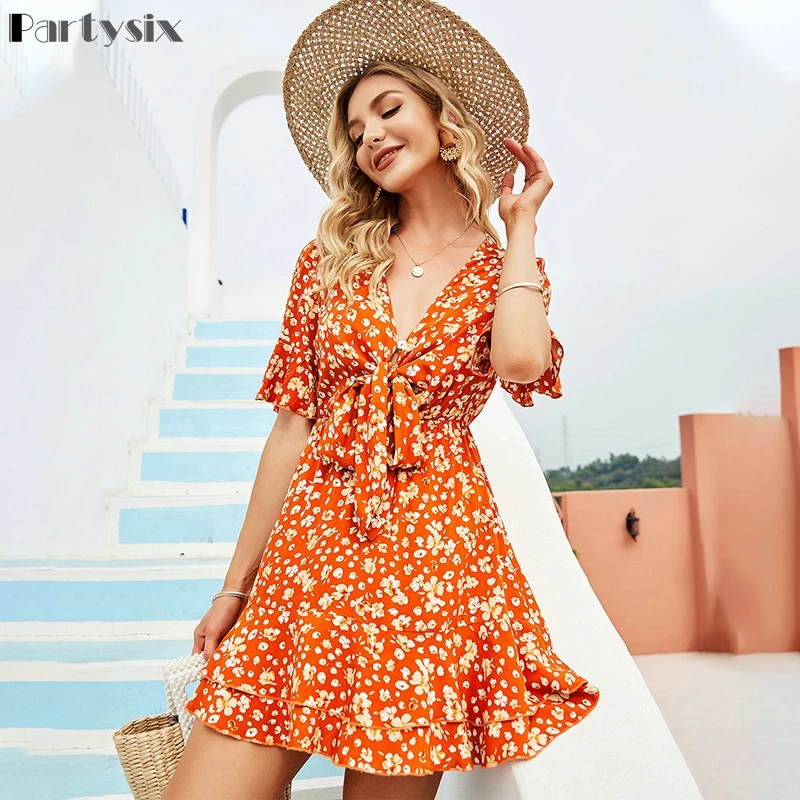 

Partysix Dresses For Women Casual 2021 Summer New Fashion Fresh Sweet V-Neck A-Line Sexy Print Floral Bow Elegant Mini Dress
