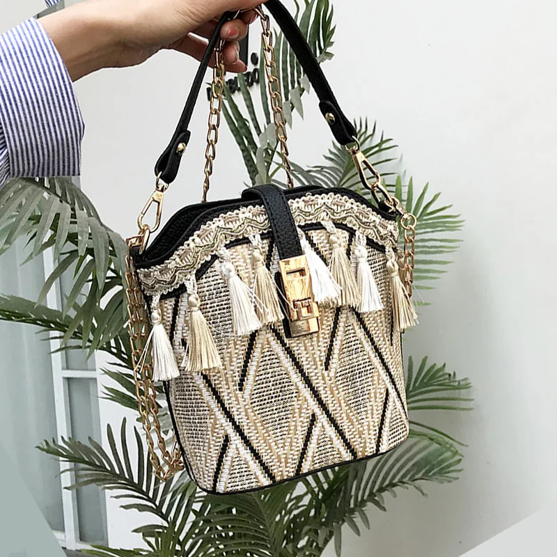 

Tassel Straw Weave Bucket Bags For Women 2021 Summer Crossbody Bags Lady Travel Purses and Handbags Female Bohemia Shoulder Bag
