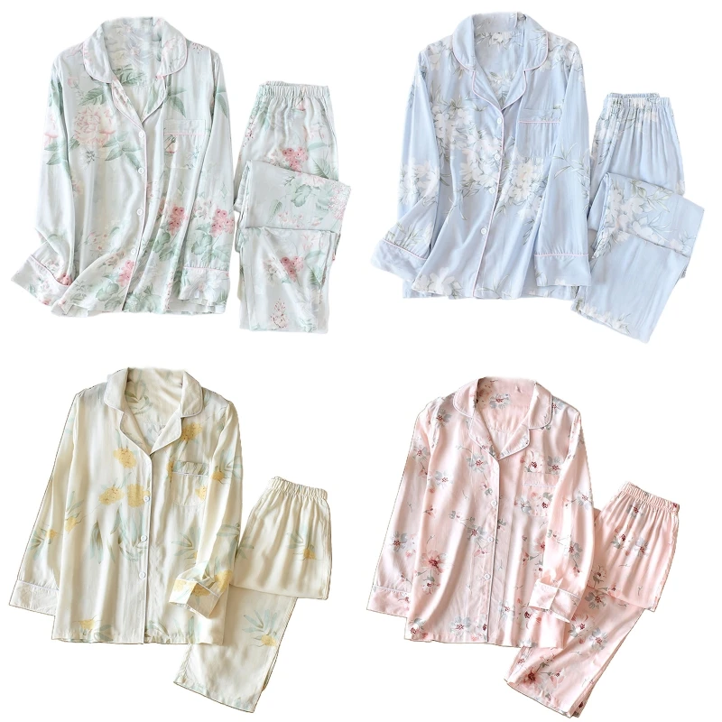 

CPDD Women 2Pcs Cotton Floral Printed Pajamas Set Long Sleeve Lapel Button Top Pants