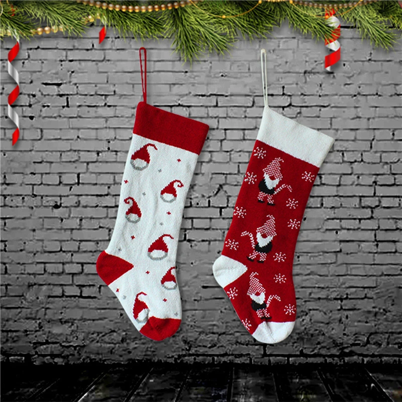 

Knitted Christmas Stocking Santa Claus Gift Candy Bag Christmas Tree Pendant Sock Drop Ornaments Party Home Fireplace Decor