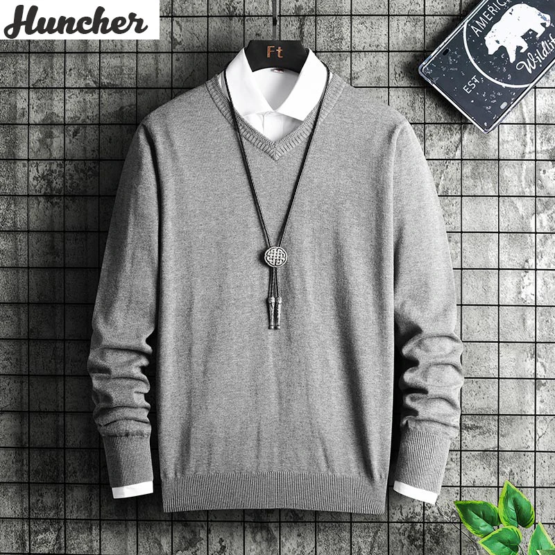 

Мужской свитер Huncher, Мужской пуловер с V-образным вырезом, весна 2021, повседневный однотонный вязаный пуловер, модная Корейская уличная одежд...