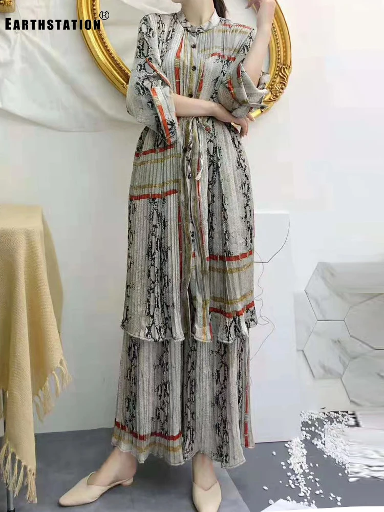 

Multicolor Printed Lace-up Long Shirt Two-piece Suit Ladies Autumn New Style + Pleated Zou Elastic Waist Wide Leg Pants Suit