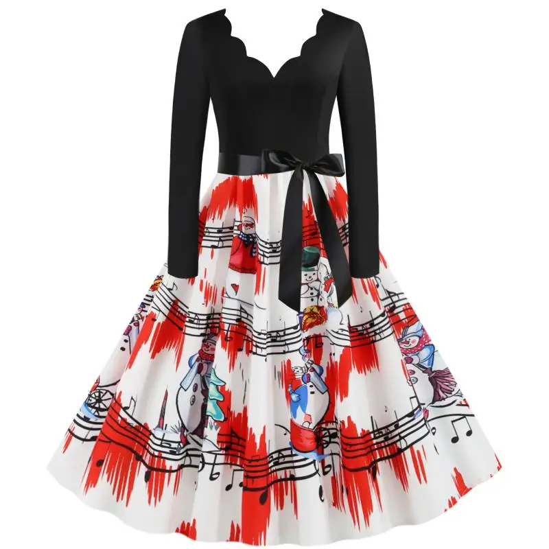 

2021 Christmas Print Dress Women Winter Long Sleeve V Neck Belted Elegant Vintage Xmas Party Sundress Big Swing Robe S-3XL Size