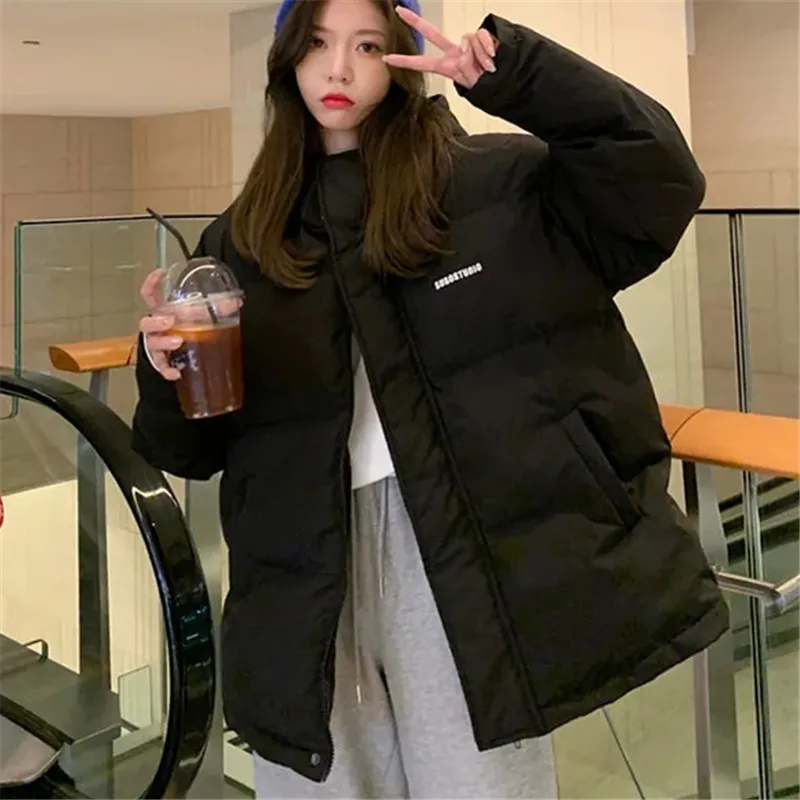 Winter Thick Woman Jacket Parka Coat New Splicing Hooded Loose Solid Color Zipper Pocket Cotton Warm Simple Commuter Top Female