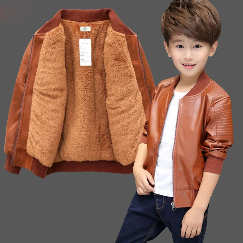 

INS Baby Boys PU Jackets velvet thickening Winter 1-13 year old Threaded Three-dimensional embossing jacket all season clothing