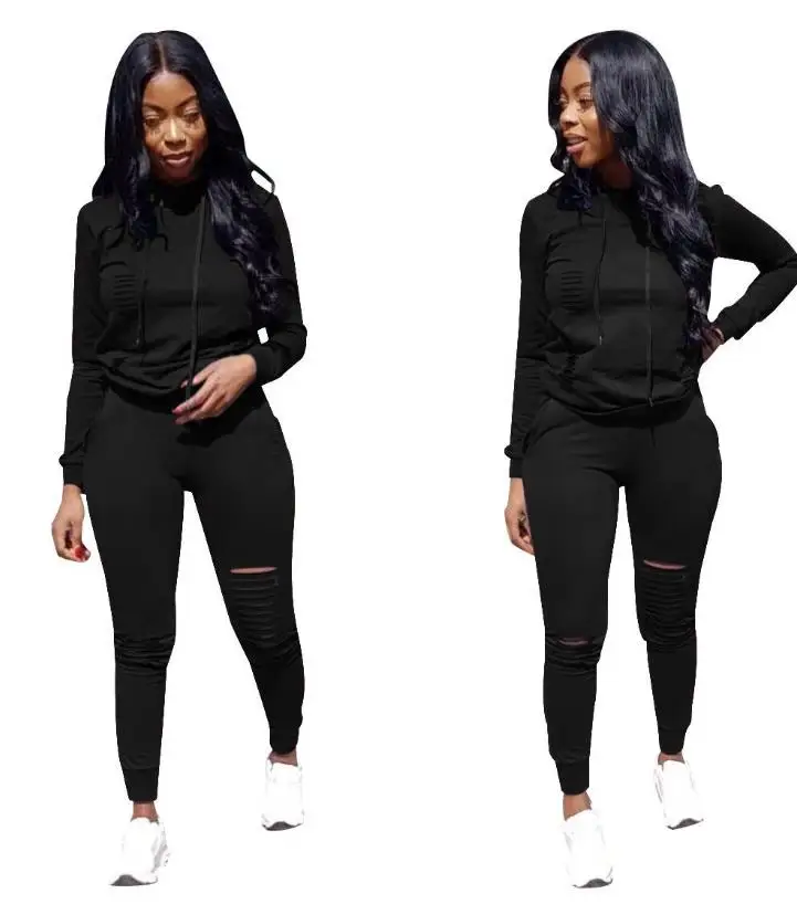 

Fashion women two piece set Solid color hooded pullover sport suits long sleeve shirt tops+pants casual tracksuit ropa de mujer