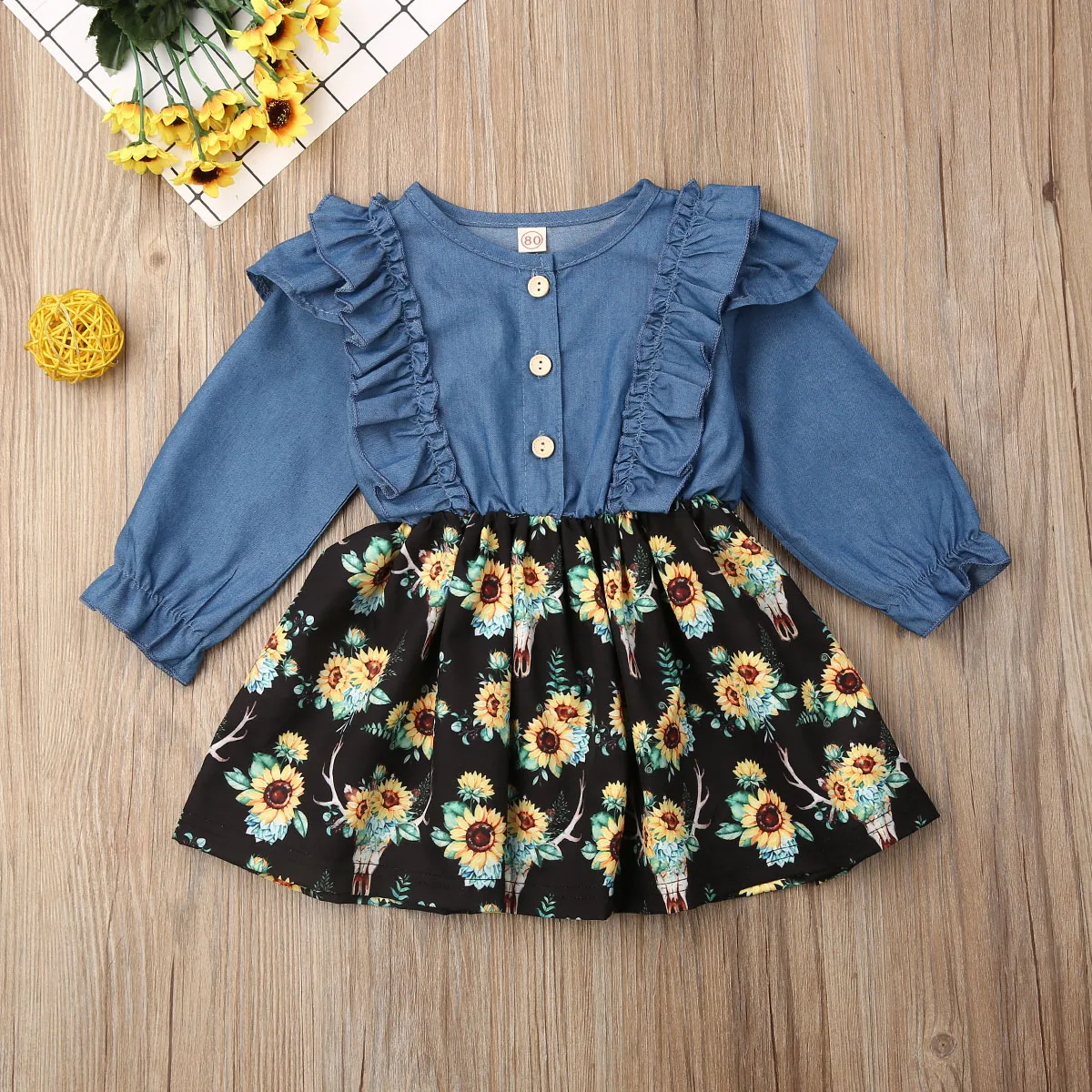 Детское платье-пачка с длинным рукавом оборками и подсолнухами | Детская одежда