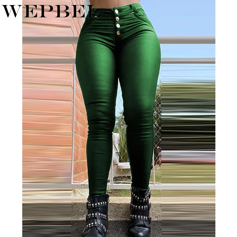 

WEPBEL Women Sexy High Waist PU Leather Tight Skinny Pencil Pants Ladies Elegant Single Breasted Slim Fit Trousers Leggings