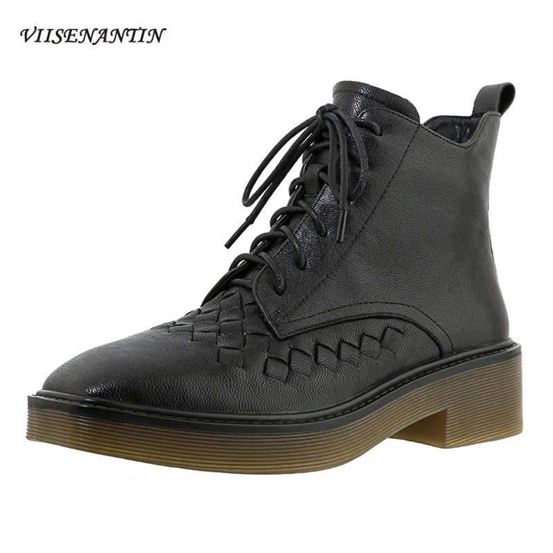 

Женские ботильоны на толстой подошве, черные кожаные короткие сапоги в британском стиле с боковой молнией, с квадратным носком, на осень-зим...