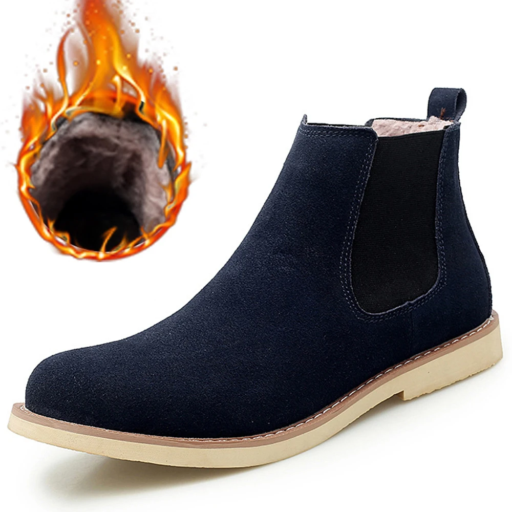 

Mens Chelsea Boots 2021 Winter Fur Warm Ankle Slip On Booties Man High Quality Genuine Leather Leisure Botas Shoes Male Footwear