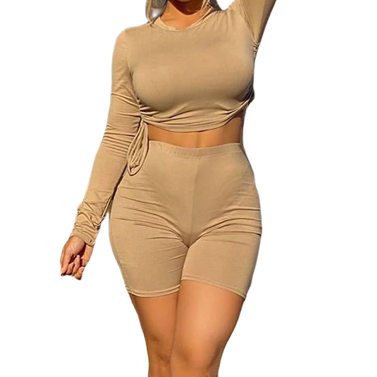 

Women's Set Clothing Solid Color Outfits Streetwear Long Sleeve Round Neck Side T-shirts High Waist Shorts Tracksuit Sportwear
