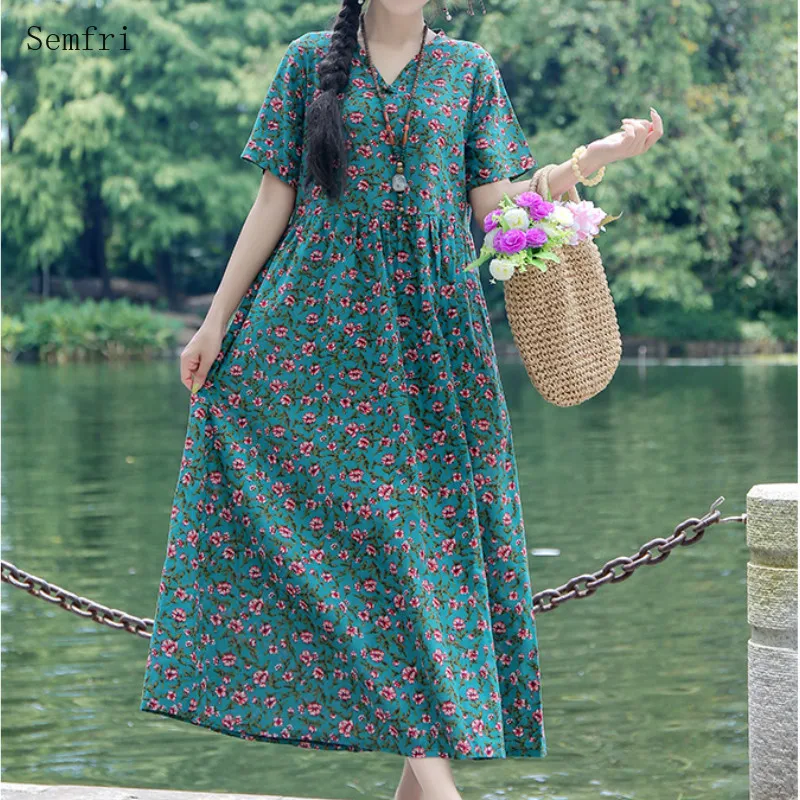 

Semfri Small Floral Woman Dress Cotton and Linen Vintage V-neck Short Sleeve Dresses 2020 Summer Loose Style Long Dress