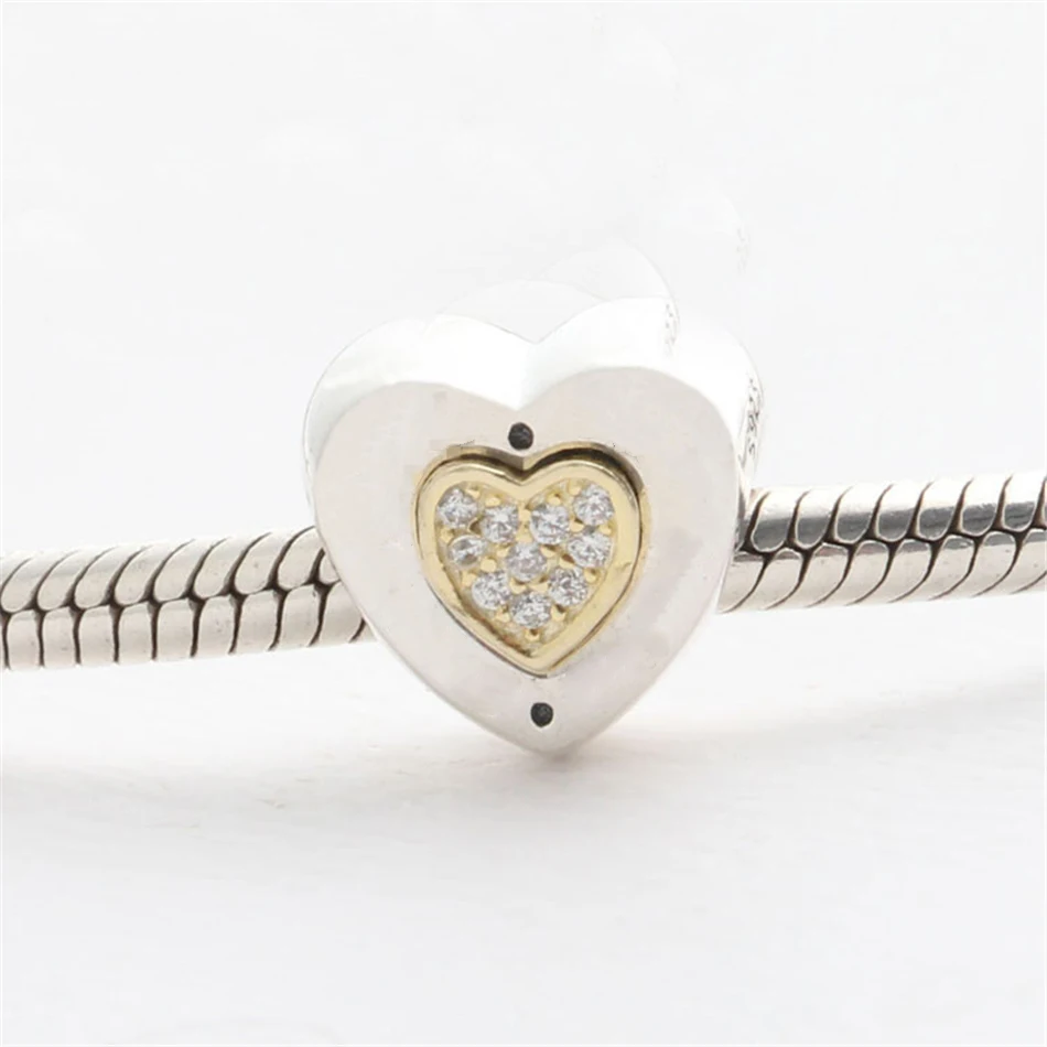 

S925 Silver Bead DIY Jewelry Shine Signature Heart Charm fit Lady Bracelet Bangle Clear CZ Girl Gift