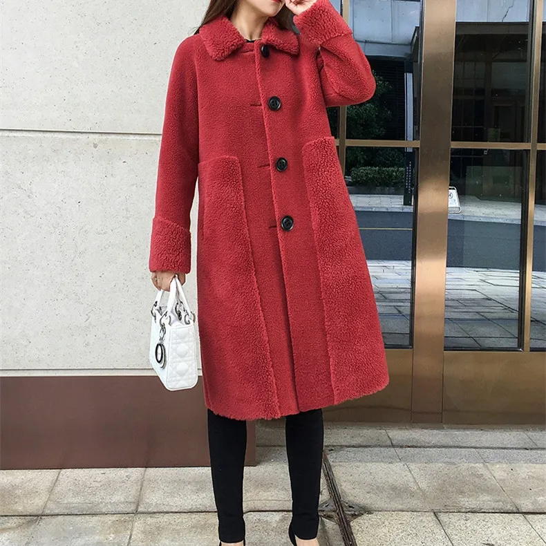 SY01, Женское зимнее пальто из 30% шерсти, пальто с мехом, теплая куртка, Овечья стрижка, меховые пальто для девушек, Женская длинная куртка, пальто - Цвет: red