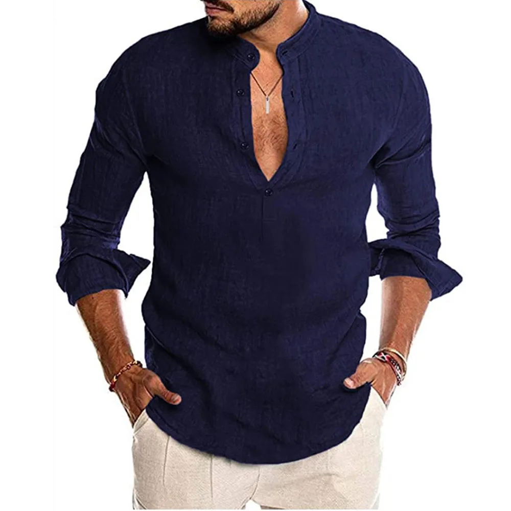 

Mens Shirts chemise homme Plain Long Sleeve Shirt Solid V-Neck Single Breasted Daily Casual Long Sleeve Shirt for Men