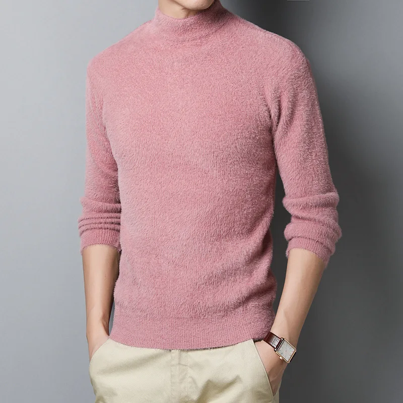 

Autumn Pullover Men Fluffy Oversized Sweater Male Winter Clothing Long Sleeve Casual Pink Boys Sweaters High Collar Turtleneck