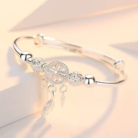 silver color dreamcatcher feather bell pendant adjustable bangle twist cuff bracelet for women charm jewelry gift