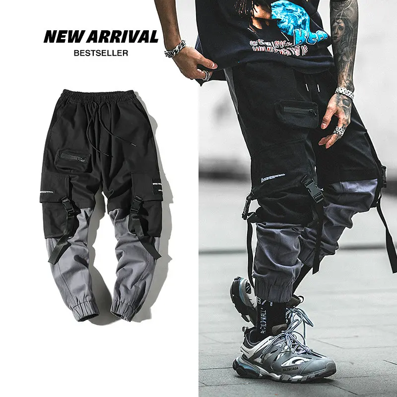 

Streetwear Harem Joggers Men Ribbons Pockets Casual Mens Cargo Pants Hip Hop Cotton Casual Ankle-length Men Trousers