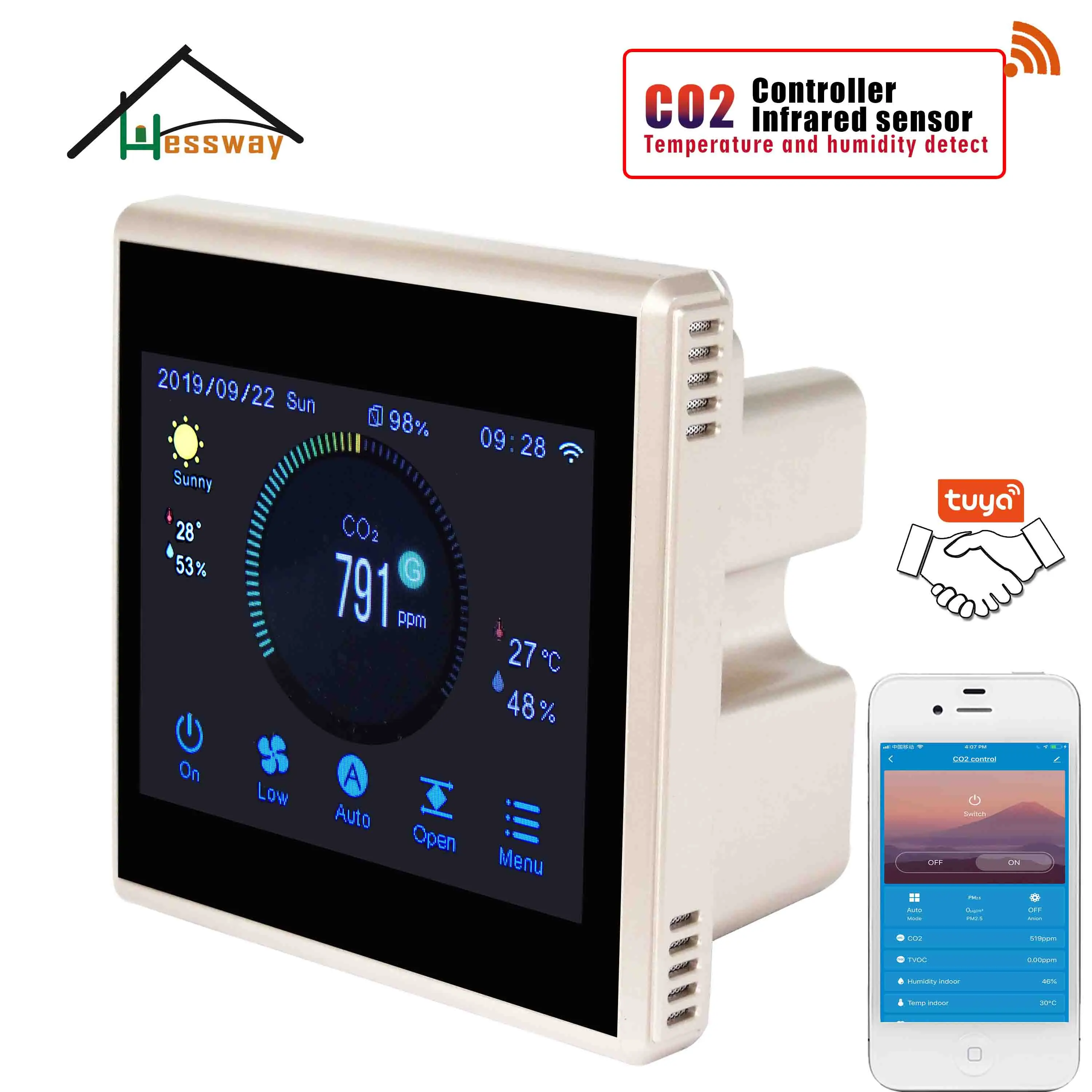 HESSWAY TUYA APP цветная Сенсорная технология Ndir CO2 Датчик WIFI для системы вентиляции