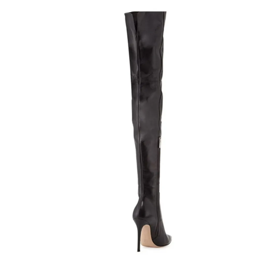 

Aiyoway Women Thigh High Boots Stiletto Heels Sexy Pointed Toe PU Leather Zipper Black Party Prom Shoes Large Size 34-45