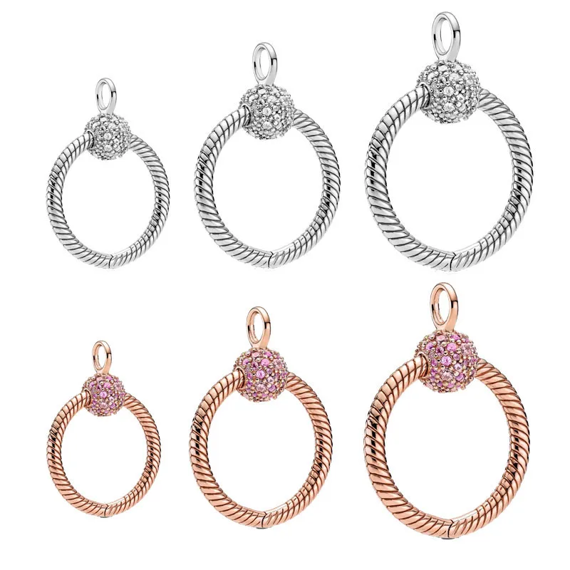

HOT SALE 925 Sterling Silver Pink Rose Gold Small Silver Pave O Pendant Charm Fit Original Pan Charm Necklace Jewelry 2021 New
