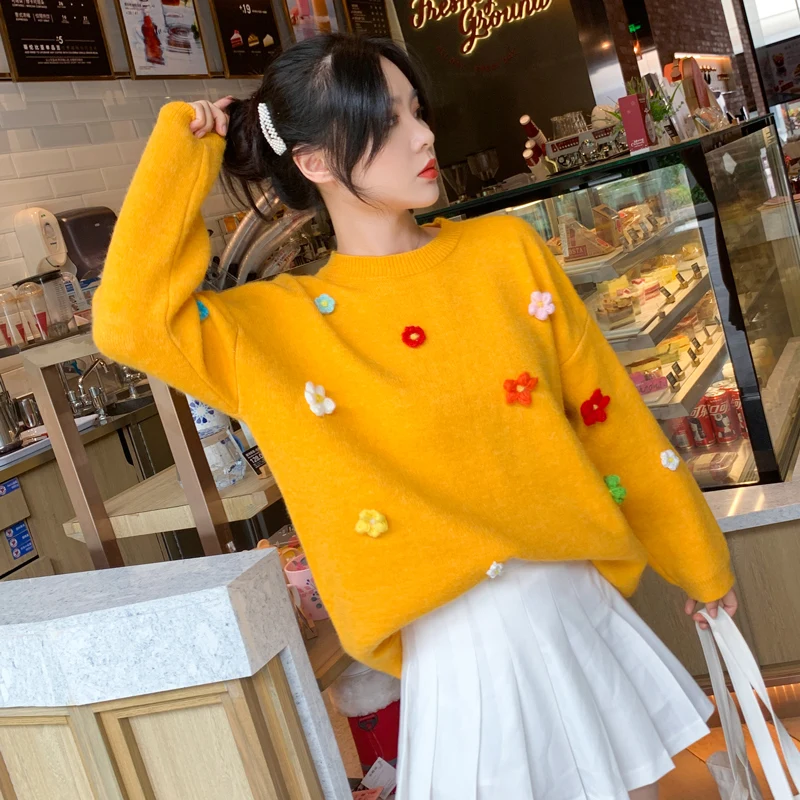 2020 autumn knitting pullovers college girls winter warm soft sweet candy colors sweater for women flower patched long sleeves | Женская