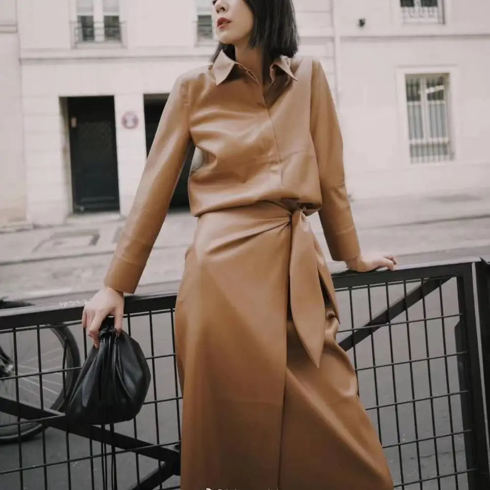 Женская юбка из искусственной кожи яркая с высокой талией трапециевидная