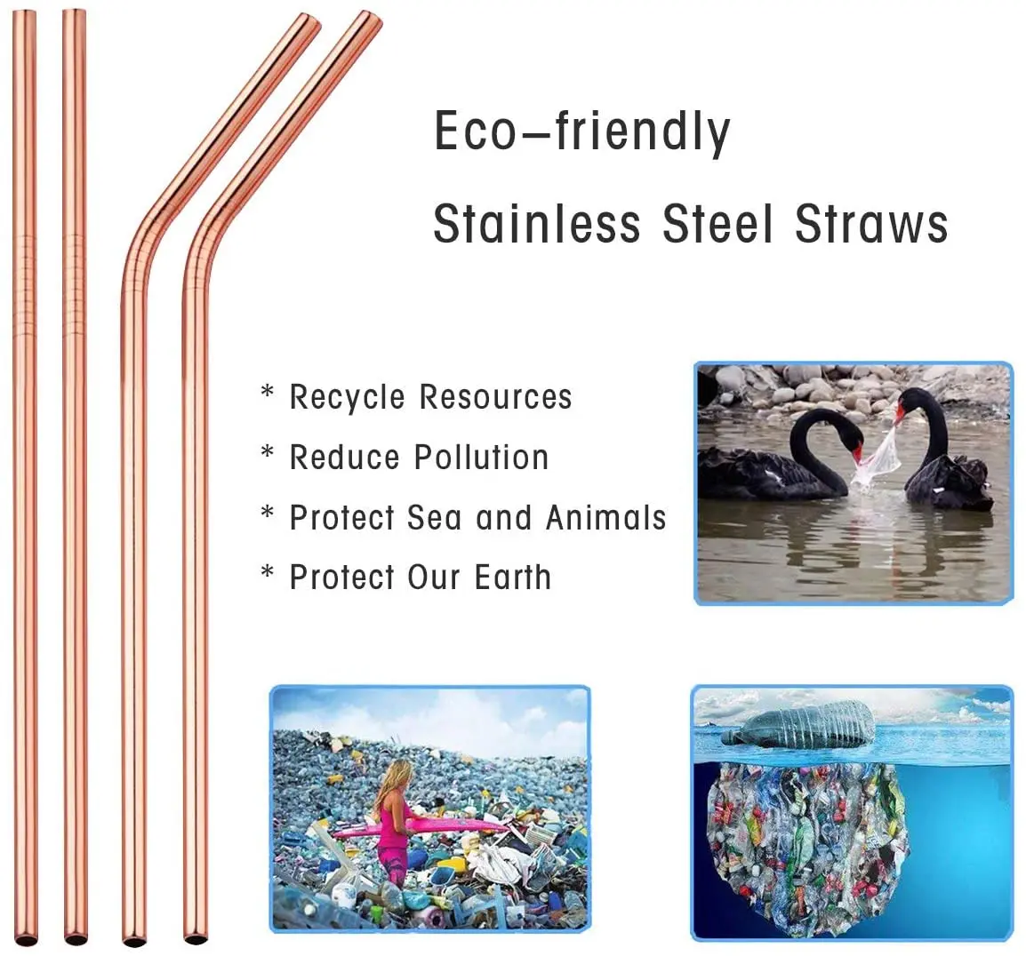 Розовое золото Цвет питьевой соломы Многоразовые металлические трубочки для
