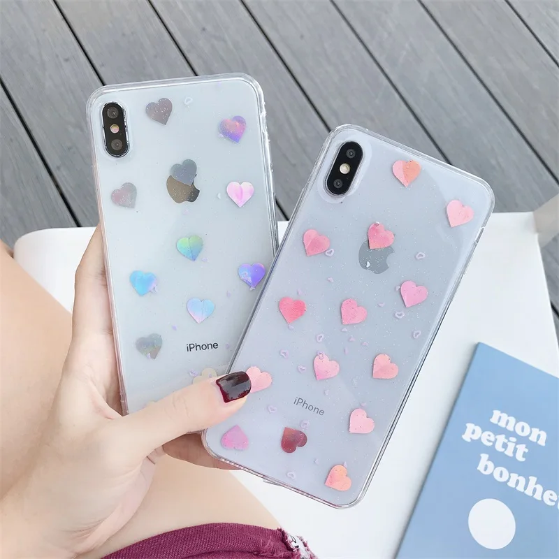 Блестящий лазерный чехол для телефона с сердечком iPhone 11 Pro X XR XS MAX 8 7 6 6s Plus
