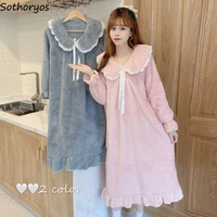 thicker nightgowns women sweet patchwork bow cozy long sleeve coral fleece sleepshirts teenagers fashion winter lounge females