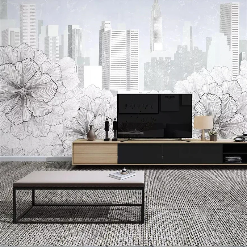 Customize Modern minimalist line drawing flower city architecture TV background wall painting custom large mural green wallpaper |