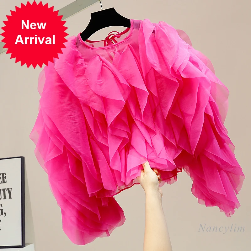 

Sweet Multi-Layer Puffy Ruffled Stitching Tied Short Chiffon Blouses for Women Sexy Tops Girls Ladies Streetwear Blusas