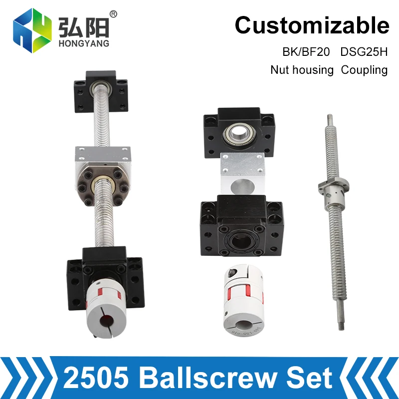 

CNC Ball Screw Group: 25MM Ball Screw 200-1000mm 2505 End Machining + Ball Nut + BK20 BF20 End Support + CNC Parts Coupler