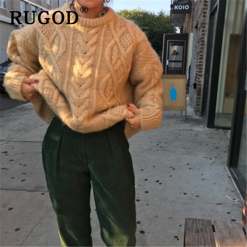 RUGOD винтажный однотонный вязаный женский свитер корейский шик скрученный мягкий