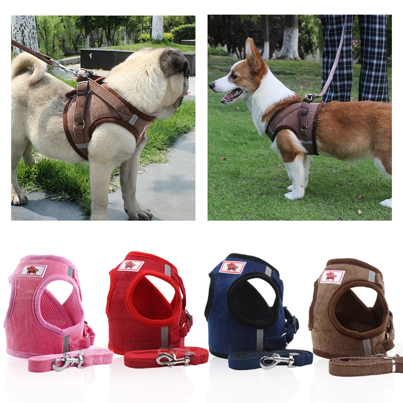 

Windproof Pet Dog Vest Harness Leash Set Corduroy Breathable Mesh Adjustable Chest Strap Small Reflective Dogs Harnesses