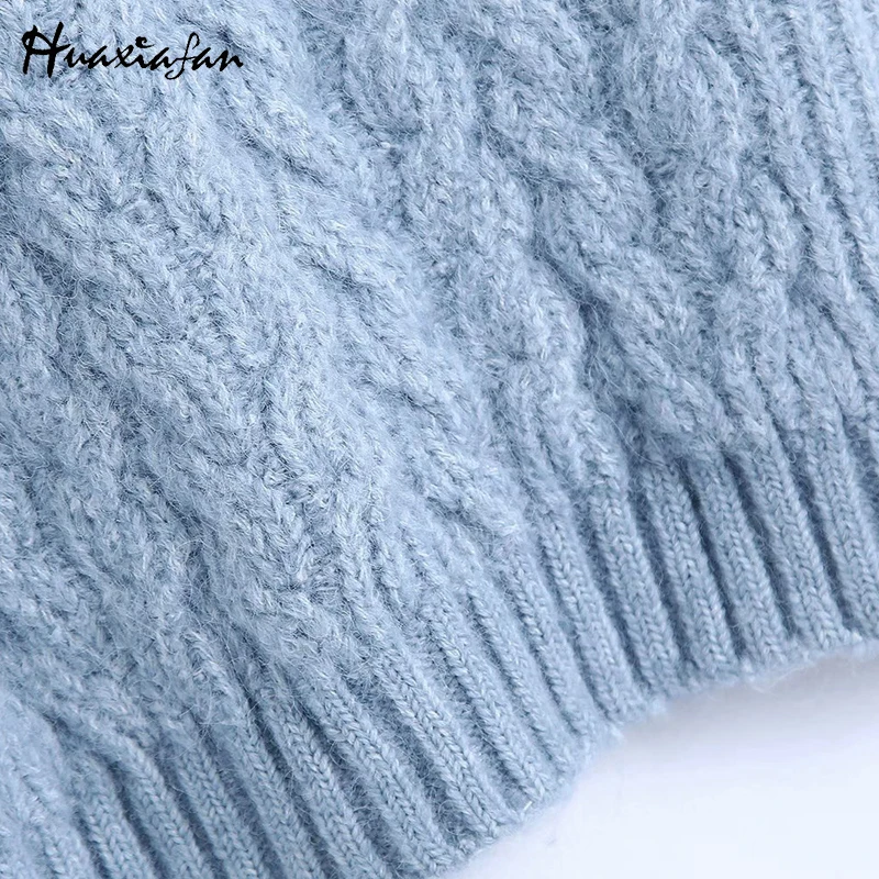 

Huaxiafan Knitted Vest Sweaters Women ZA Blue Top Ladies Classic Knitwear V Neck Winter Warm Sleeveless Sweater Female 2021 New