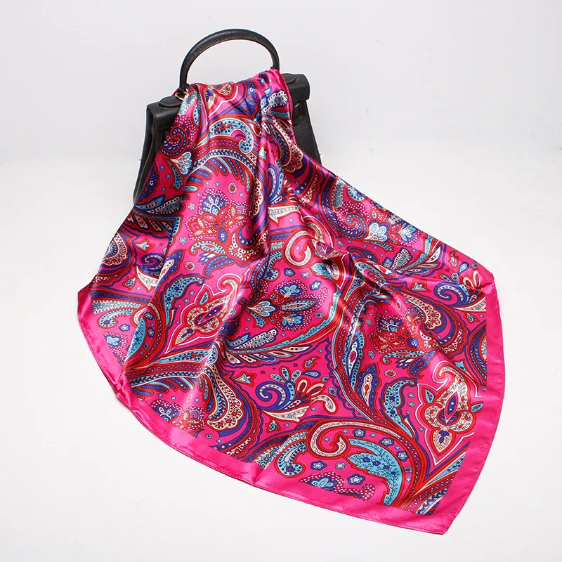 

FXAASS Bandana Women Hijab Square Fashion Ladies Retro Luxury Silk Scarf Shawls Flowers image Print 90*90cm Large Cape Headscarf