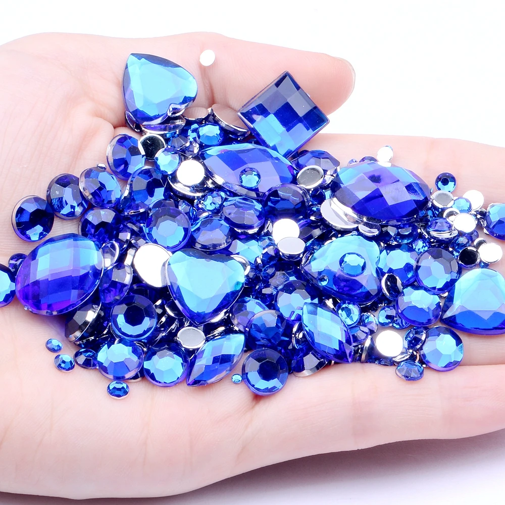 Синий 1000 шт смешанные размеры Блестящий акриловый без горячей фиксации DIY Стразы