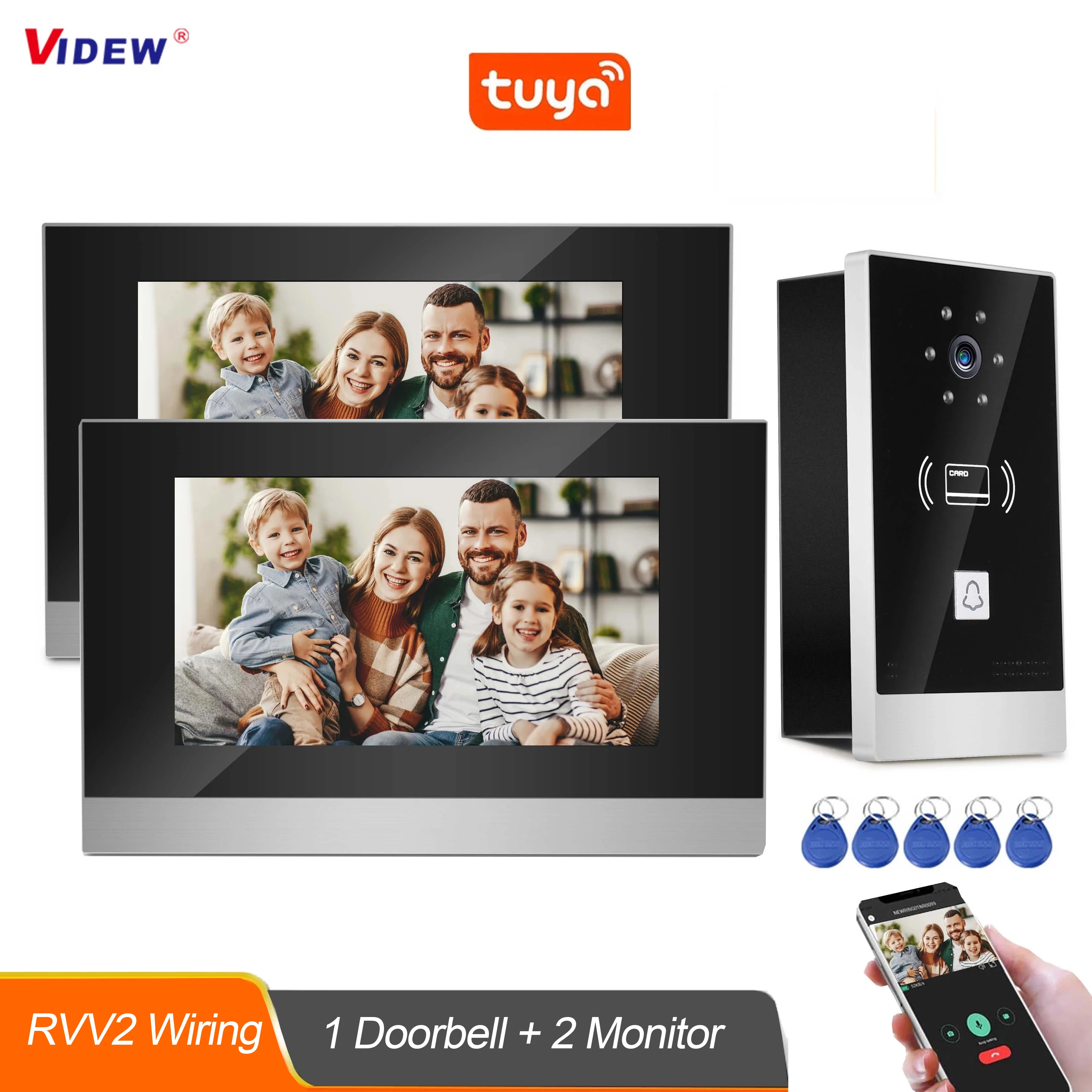 VIDEW 7 Inch Video Intercom System 2 Wires Tuya Smart Doorbell with Camera and 2 Monitors Door Phone Entry System for Villa Home