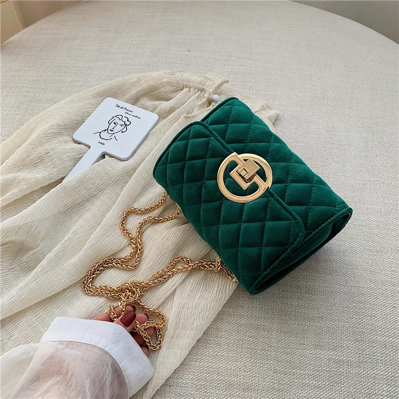 Green Винтажная модная женская клетчатая квадратная сумка новая качественная бархатная женская дизайнерская сумка с цепочкой на плечо - Цвет: Green