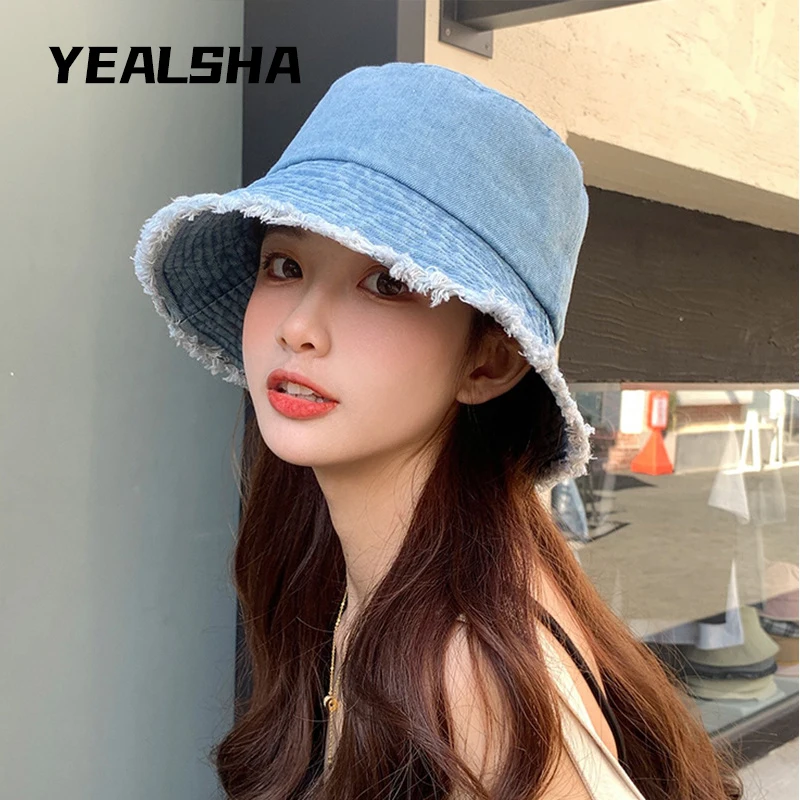 

Old Washed Denim Fisherman Hat Women Casual Fashion All-Match Small-Edge Bucket Hat Summer Blue Beggar Hat