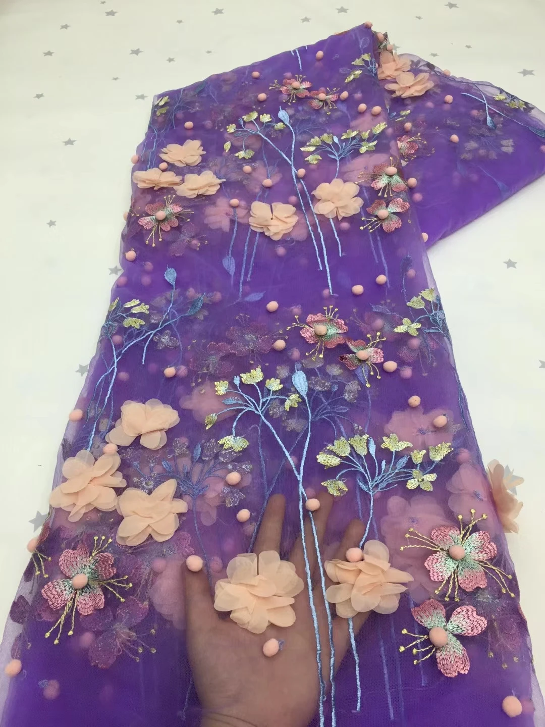 

African Lace Fabric 2021 High Quality 3D Flowers Nigerian Wedding Lace Fabric With Beads French Tulle Lace Material