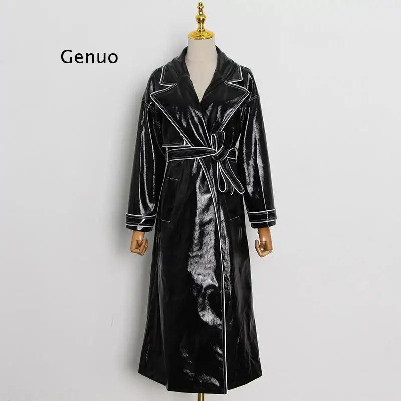 2021 High Quality Autumn New Style Solid Color Shiny Fashion Waist Belt Mid-Length Pu Leather Jacket Women Streetwear