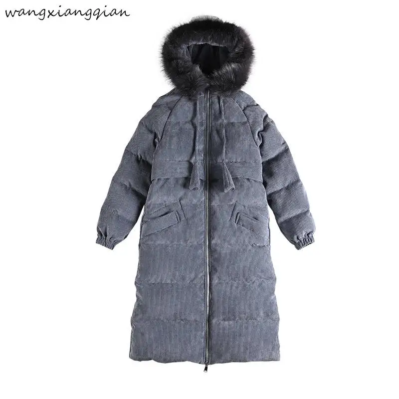 

Cotton Mid-length clothing large size women gray looseOver the knee Fur collar zipper cotton coat solid color women's coat A539