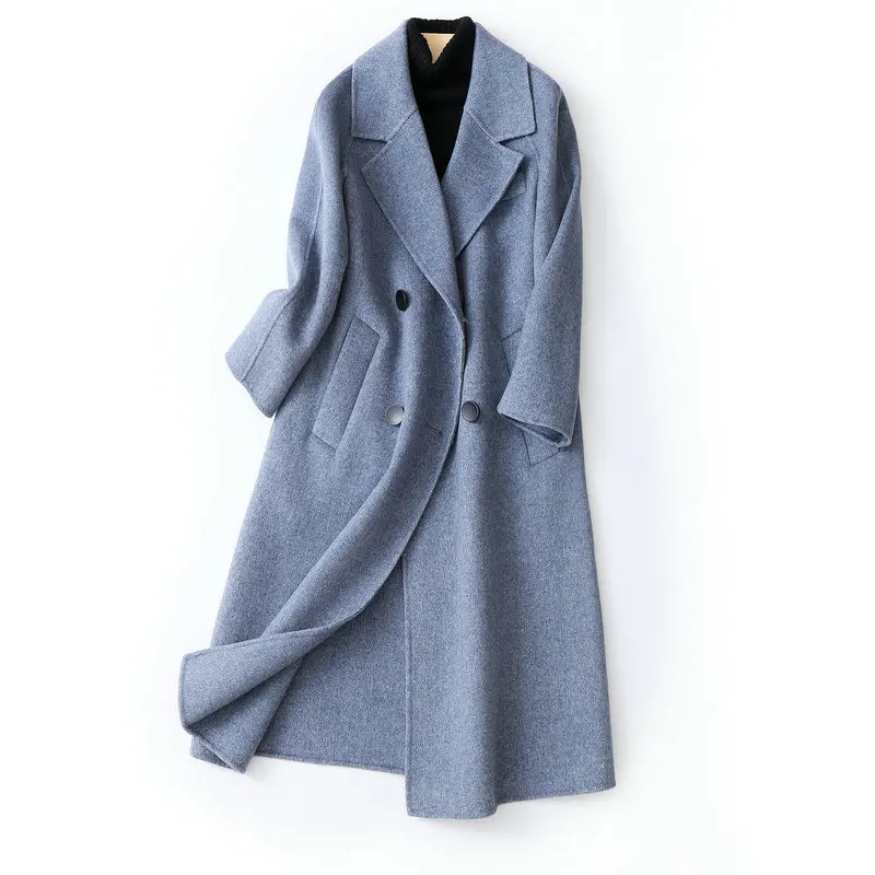 Женское двухстороннее кашемировое пальто синее двубортное из 100% шерсти с узором